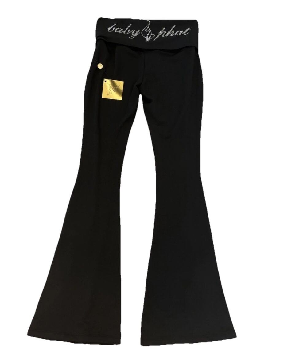 NWT Baby Phat Fold Over Flared Black Leggings Rhinestones Logo Yoga Pants L